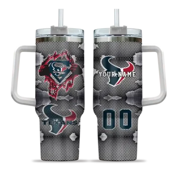 personalized houston texans superman shield blue gray curved tumbler best selling.webp