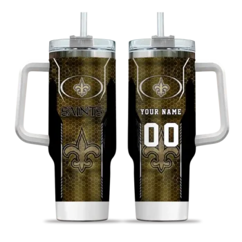 personalized new orleans saints hexagon armor gold curved tumbler best selling.webp